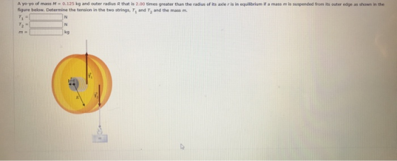A yo-yo of mass M = 0.125 kg and outer radius R that is 2.00 times greater than the radius of its axler is in equilibrium if