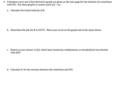 3. A titration curve and a first derivative graph are given on the next page for the titration of a weak base with HCL Use th
