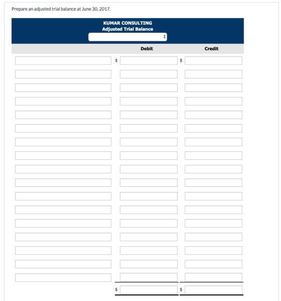 Prepare an adjusted trial balance at June 30, 2017. KUMAR CONSULTING Adjusted Trial Balance Debit Credit