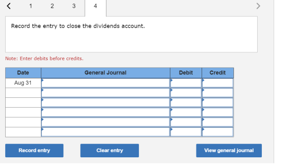 < 1 2 3 4 Record the entry to close the dividends account. Note: Enter debits before credits. Date General Journal Debit Cred