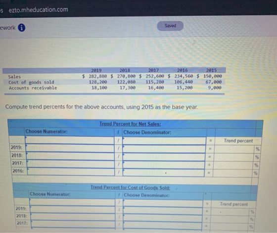 5 ezto.mheducation.com ework Saved Sales Cost of goods sold Accounts receivable 2019 2018 2017 2016 $ 282,880 $ 270,800 $ 252