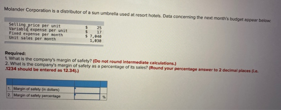 Molander Corporation is a distributor of a sun umbrella used at resort hotels. Data concerning the next months budget appear