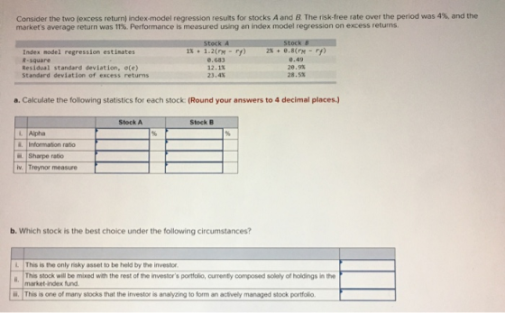 Consider the two (excess return) index-model regression results for stocks A and B. The risk-free rate over the period was 4%