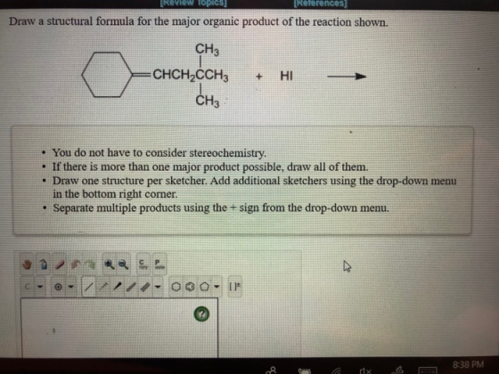 Review Topics (References] Draw a structural formula for the major organic product of the reaction shown. CH3 CHCH_CCH3 + HI
