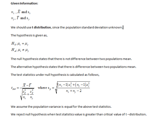 Given Information: n.X and s n,, 7 and s, We should use t distribution, since the population standard deviation unknown. The