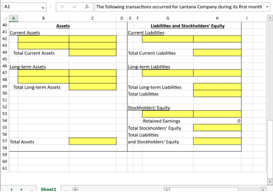 A1 The following transactions occurred for Lantana Company during its first month A н 40 Assets DEF Liabilities and Stockhold
