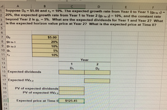 A B C D E 1 Suppose Do - $5.00 and rs -10%. The expected growth rate from Year 0 to Year 1 (go to 1) - 2 20%, the expected gr