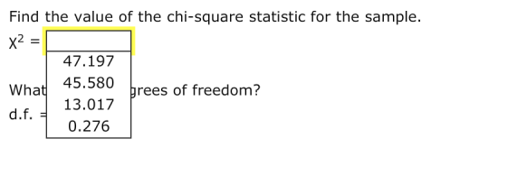 Find the value of the chi-square statistic for the sample. 2 47.197 What 45.580 rees of freedom? d.f.13.017 0.276