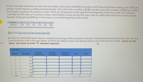 A firm must plan production for the next six months. Each unit costs $430 to produce and it has an inventory holding cost of
