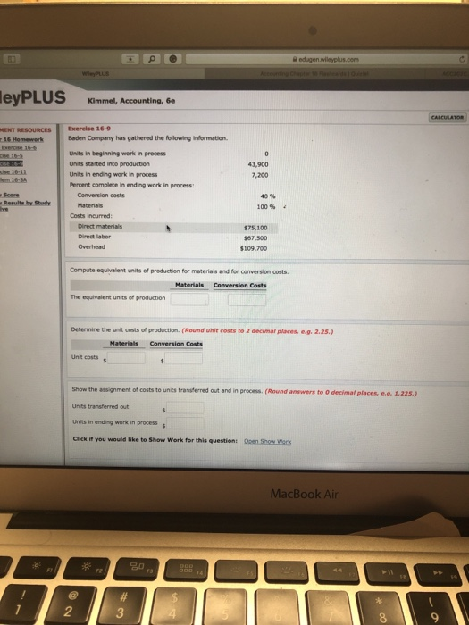 p edugen.wileyplus.com leyPLUS MENT RESOURCES 16 Homework Exercise 16-5 Exercise 16-9 Baden Company has gathered the followin