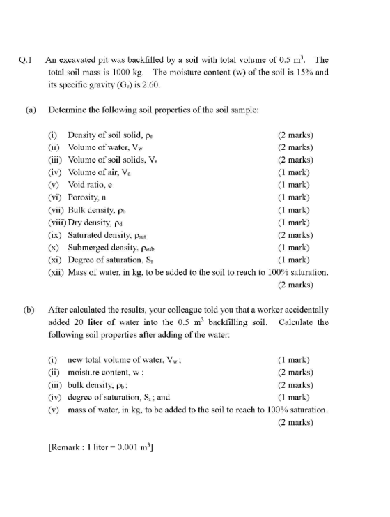 Q.1 An excavated pit was backfilled by a soil with total volume of 0.5 m? The total soil mass is 1000 kg. The moisture conten
