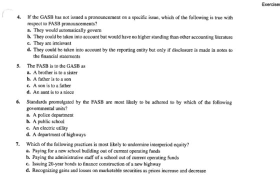 Exercises 4. If the GASB has not issued a pronouncement on a specific issue, which of the following is true with respect to FASB pronouncements? a. They would automatically govern b. They could be taken into account but would have no higher standing than other accounting literature c. They are irrelevant d. They could be taken into account by the reporting entity but only if disclosure is made in notes to the financial statements The FASB is to the GASB as a. A brother is to a sister b. A father is to a son c. A son is to a father d. An aunt is to a niece 5. 6. Standards promulgated by the FASB are most likely to be adhered to by which of the following governmental units? a. A police department b. A public school c. An electric utility d. A department of highways 7. Which of the following practices is most likely to undermine interperiod equity? a. Paying for a new school building out of current operating funds b. Paying the administrative staff of a school out of current operating funds c. Issuing 20-year bonds to finance construction of a new highway d. Recognizing gains and losses on marketable securities as prices increase and decrease