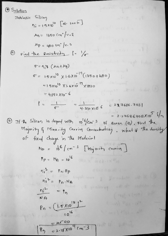 Solution Intrinsic Silicon ni = 1.5x100 [at- 3ook] @ un = 1350 (m /ves up = 480 cm /vis Find the Resistivity P. % Tania (unt