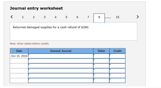 Journal entry worksheet K123 45 678 15 Returned damaged supplies for a cash refund of $280. Note: Enter debits before credits. Date General Journal Debit Credit Oct 15, 2019