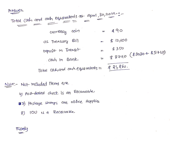 Angers Total cash and cash equivalents at Apnt, 30,2022- $90 $ 12,600 $350 currency coin . = os Treasury Bill - beposit in Tr