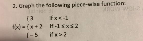 2. Graph the following piece-wise function: Tetologa) 90W WOH {3 if x < -1 f(x) = { x + 2 if -1 <x<2 {-5 if x > 2