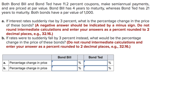 Both Bond Bill and Bond Ted have 11.2 percent coupons, make semiannual payments, and are priced at par value. Bond Bill has 4
