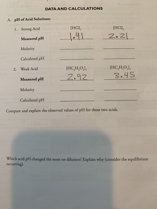 DATA AND CALCULATIONS A. pH of Acid Solutions: 1. Strong Acid [HCI), [HCI), 2. 21 Measured pH Molarity Calculated pH 2. Weak
