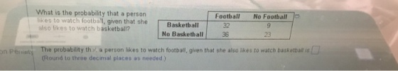 What is the probability that a person Foothall No Football ikes to watch football, given that she Baskthall also likes to watch basketball? 32 36 No Basketball 23 e probability that a person likes to watch football, given that she also likes to watch basketball is (Round to three decimal places as needed) on Penall