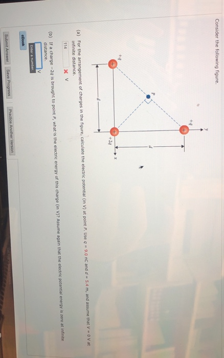 Consider the following figure. +24 For the arrangement of charges in the figure, calculate the electric potential (in v) at point P. Use q-9.0 nc and d 5.4 m, and assume that v- 0 v at infinite distance. (a) 114 (b) If a charge -2q is brought to point P, what is the electric energy of this charge (in V)? Assume again that the electric potential energy is zero at infinite distance