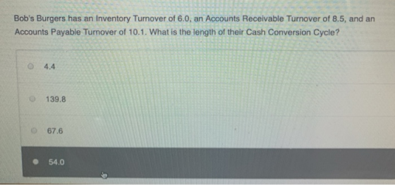 Bobs Burgers has an Inventory Turnover of 6.0, an Accounts Receivable Turnover of 8.5, and an Accounts Payable Turnover of 1