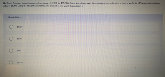 MacGyver Company bought equipment on January 3, 2019, for $35,500. At the time of purchase, the equipment was estimated to ha