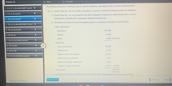 Chapter 11 eBook Calculator 1. EX 11 11 BLANKSHEETALGO 2. EX 1101. ALGO The following transactions relating to payroll, payro
