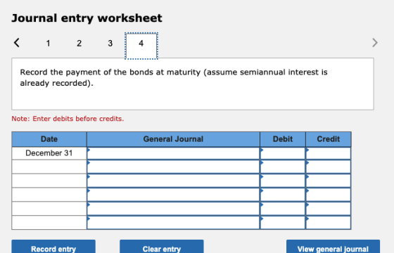 Journal entry worksheet < 1 2 3 > Record the payment of the bonds at maturity (assume semiannual interest is already recorded
