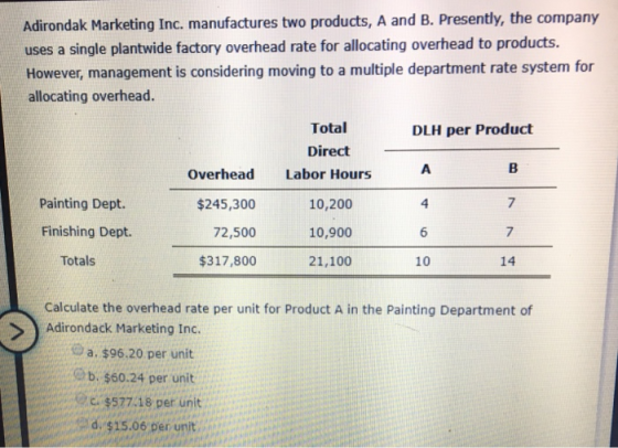 Adirondak Marketing Inc. manufactures two products, A and B. Presently, the company uses a single plantwide factory overhead