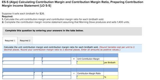 E5-5 (Algo) Calculating Contribution Margin and Contribution Margin Ratio, Preparing Contribution Margin Income Statement [LO