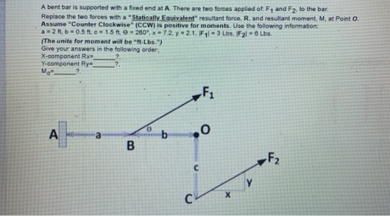 A bent bar is supported with a fixed end at A. There are two forces applied of F1 and F2, to the bar. Replace the two forces