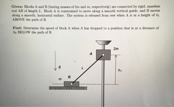 Given: Blocks A and B (having masses of 2m and m, respectively) are connected by rigid, massless rod AB of length L. Block A