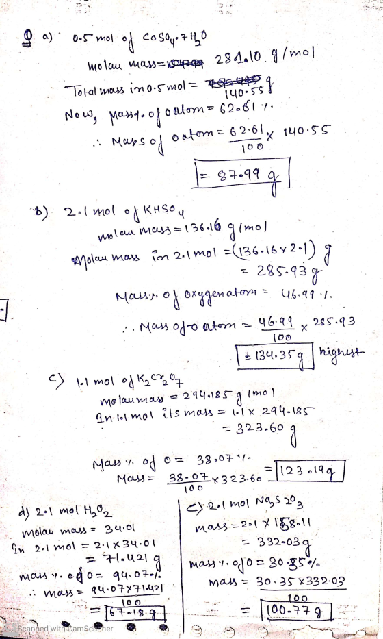 ga) 0.5 mol of co SoyaH2O molam mass=ware 284.10.0/mol Total mass in 0.5 mol = Resident of Now, Massage of outon = 62.61.1 o
