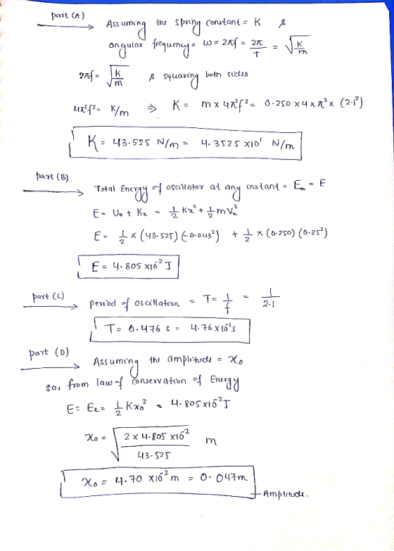 bane , Assuming the spring constant = K & angular frequencya W= 2nf = 2 x 2 = J 1 in 2012 Jan & squaxing both sides 41?$2= Km