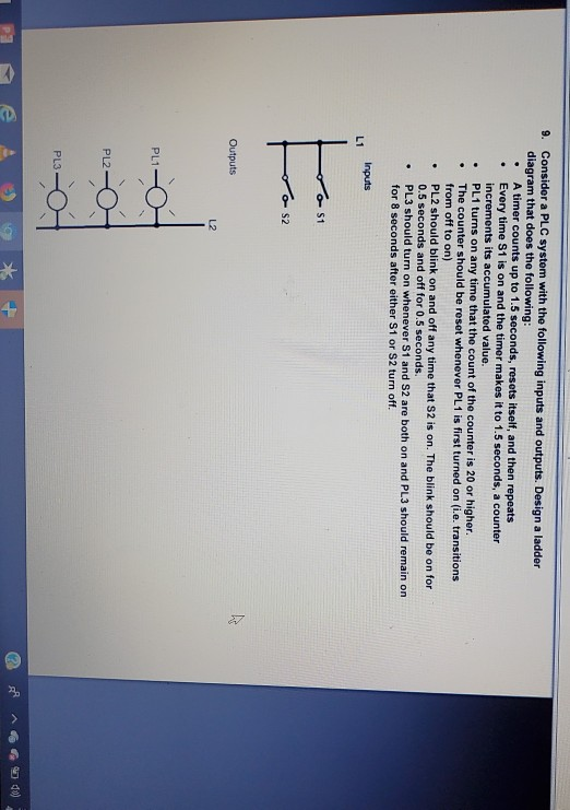 9. Consider a PLC system with the following inputs and outputs. Design a ladder diagram that does the following: • A timer co