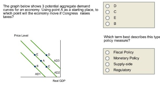 The graph below shows 3 potential aggregate demand curves for an economy. Using point A as a starting place, to vahesh point will the economy move if Congress raipesc taxes? Price Level Which term best describes this t policy measure? ype O Fiscal Policy O Monetary Policy O Supply-side O Regulatory AD3 AD2 AD1 Real GDP