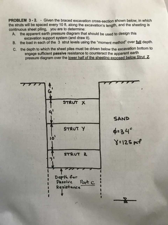 PROBLEM 3-2. - Given the braced excavation cross-section shown below, in which the struts will be spaced every 10 ft. along t