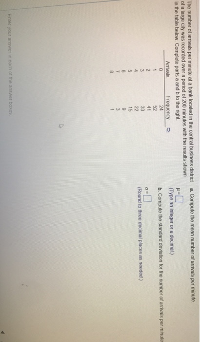 The number of arrivals per minute at a bank located in the central business district a. Compute the mean number of arrivals per minute of a large city was recorded over a period of 200 minutes with the results shown in the table below. Complete parts a and b to the right (Type an integer or a decimal) Frequency 24 52 41 b. Compute the standard deviation for the number of arrivals per minute (Round to three decimal places as needed) 15 r in each of the