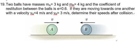 19. Two balls have masses ma= 3 kg and m= 4 kg and the coefficient of restitution between the balls is e=0.6. If they are mov