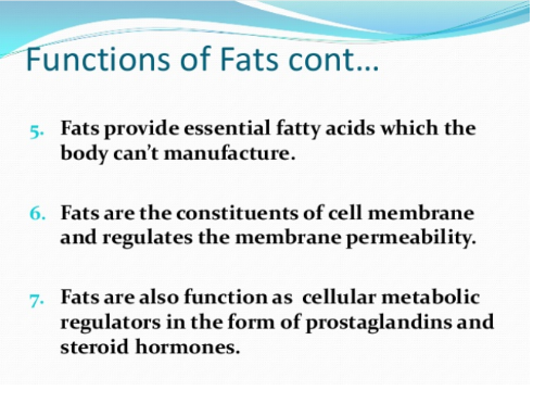 Functions of Fats cont. Fats provide essential fatty acids which the body cant manufacture. 5. Fats are the constituents of