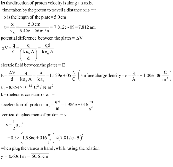 let the direction of proton velocity is along + x axis time taken by the proton to travell a distance xis -t x is the length of the plate-5.0cm 5.0 cm - 7.812e - 09-7.812 nm v 6.40e +06m/s potential difference between the plates- AV electric field between the plates E AV -1.129e + 05surface charge density 1.00e 06 ε,-8.854x 10-12 C2 /N m 2 k - dielectric constant of air 1 acceleration of proton-a,986e +016 vertical displacement of proton -y -0.5x 1.986e +016 x(7.812e-9) when plug the values in hand, while using the relation y 0.6061m-60.61cm