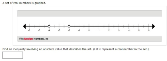 A set of real numbers is graphed. Ho -4 -3 -1 0 1 3 5 O WebAssign. NumberLine Find an inequality involving an absolute value