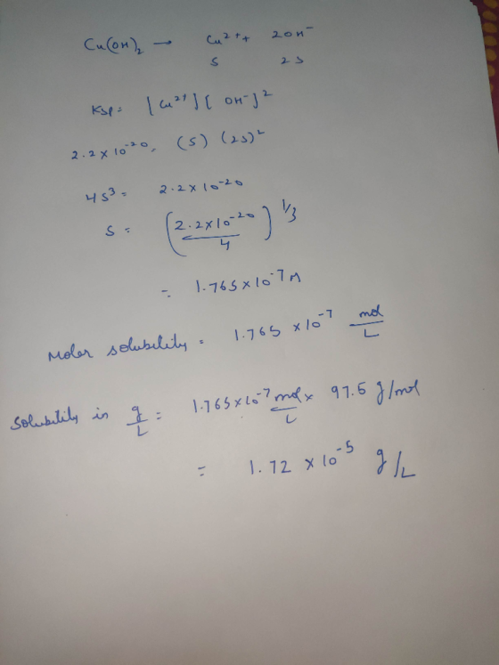 Cu(OH), - Cu2+ + 200- 23 Ksp | M 27 ] [ on J2 2.2 x 1020 (5) (23) 2.2 x 10-2 4 S3 = - 1.765x10lm ml 1.765 x 10 Moler solubili