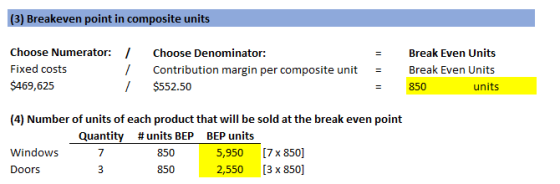 (3) Breakeven point in composite units Choose Numerator: Fixed costs $469,625 /Choose Denominator: Break Even Units Contribution margin per composite uniteak Even Units units $552.50 850 (4) Number of units of each product that will be sold at the break even point Quantity 7 # units BEP 850 850 BEP units Windows Doors 5,950 [7 x 850] 2,550 3 x 850]