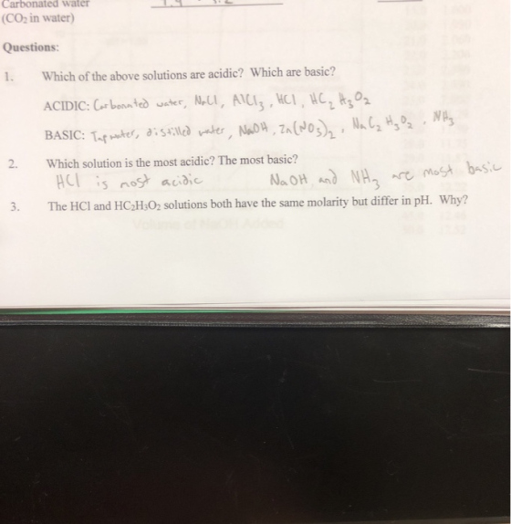Carbonated water (CO2 in water) Questions 1. Which of the above solutions are acidic? Which are basic? ACIDIC: Carbonnted wat