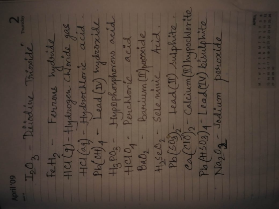 April 09 I Oz - Diiodine Trosside Thunday Fette - Ferrous hyderide Halg - Hydrogen Chloride gas Hal (aq) - Hydrochloric acid