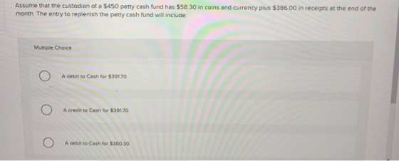 Assume that the custodian of a $450 petty cash fund has $58.30 in coins and currency plus $386.00 in receipts at the end of t