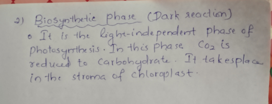 2) Biosynthetic phase (Dark reaction) o It is the light-independent phase of photosynthesis. In this phase Cozi reduced to ca