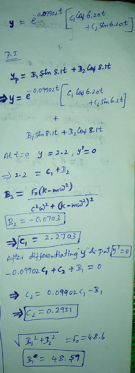 -0.01902t y = e cos 6,20€ +C, Sin6, Lot P.I I = B, sin 8.it + B₂ Log 8.it ·0.09902t [ low 6.20t +4, sin 6.16] B. Sin&. it + B