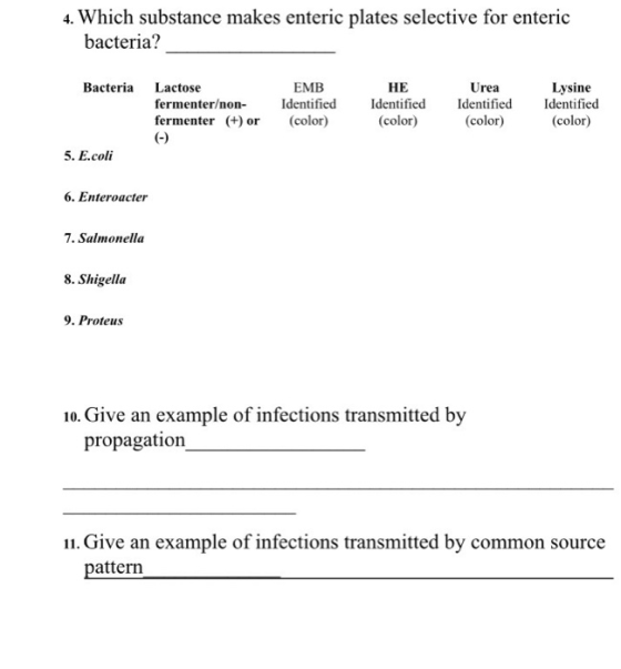 4. Which substance makes enteric plates selective for enteric bacteria? Bacteria Lactose fermenter/non- fermenter (+) or EMB